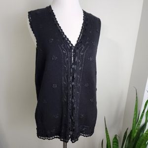 Black Vintage Floral Knit Button Down Sweater Vest Crochet Trim